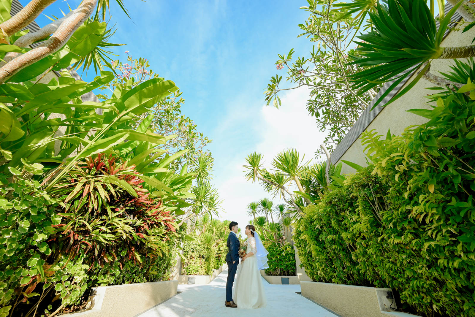 バリ島のトロピカルガーデンで向かい合う新郎新婦の広角ウェディングフォト